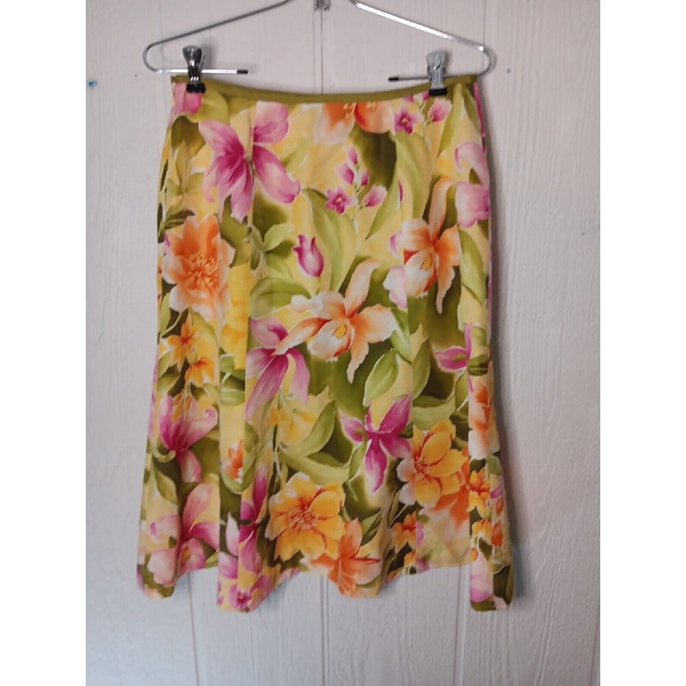 Talbots Floral Skirt Women's 6 Yellow A-Line Silk Blend Knee Length Lined Zip - Picture 3 of 6